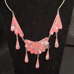 Vintage Alpaca Mexico Sterling Siver Bib Necklace Pink Enamel Inlay w/ Abalone